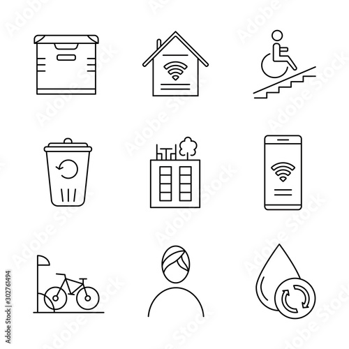 Apartment amenities linear icons set. Smart home, wheelchair access, recycling service, spa, water filtration. Thin line contour symbols. Isolated vector outline illustrations. Editable stroke