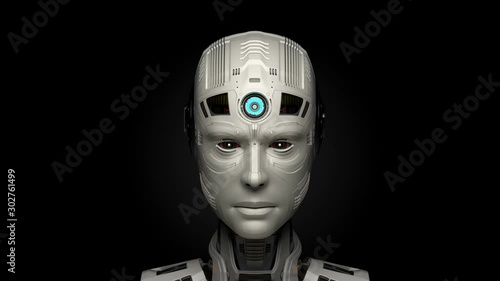 3d rendering of a very detailed futuristic robot or humanoid cyborg with humanlike face being activated or switched on while the camera slowly approaches. Isolated on black background.