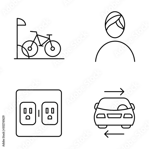 Apartment amenities linear icons set. Bike parking, spa, shared car service, charging outlets. Residential services. Thin line contour symbols. Isolated vector outline illustrations. Editable stroke