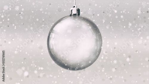 Isolated empty glass ball on bright background at snowfall, 3d illustration of isolated christmas holiday decoration