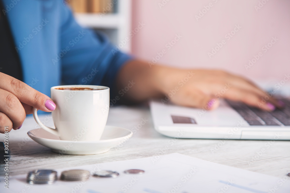 woman hand coffee with computer woman hand coffee with computer