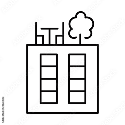 Rooftop deck linear icon. Panoramic terrace. Luxurious penthouse balcony. Garden space on roof. Sky park zone. Thin line illustration. Contour symbol. Vector isolated outline drawing. Editable stroke