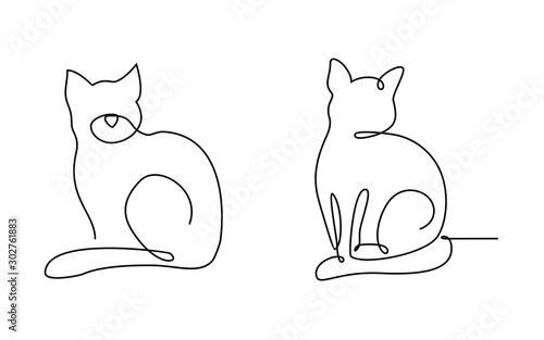 Cat in continuous line, pet vector illustration, cat sitting, drawn by one line.