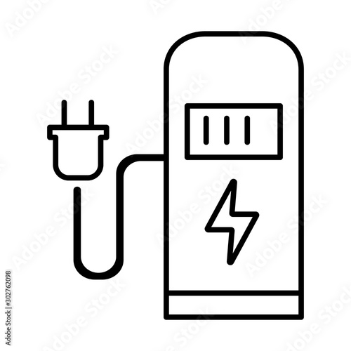 Car charging stationlinear icon. Electric fuel pump for public usage. EV rechagging point. Smart energy. Thin line illustration. Contour symbol. Vector isolated outline drawing. Editable stroke