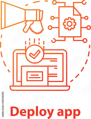Deploy app concept icon. Software development tools idea thin line illustration. Mobile device programming and coding. Developer tools. Application management. Vector isolated outline drawing