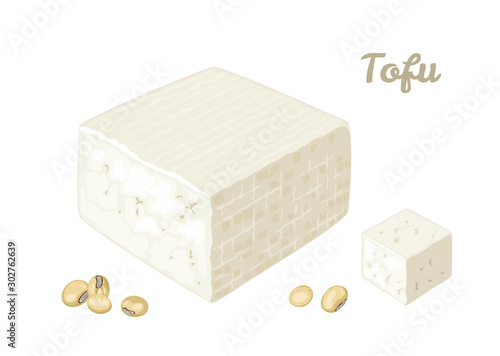 Tofu isolated on white background. Vector illustration of bean curd and soybeans in cartoon simple flat style.