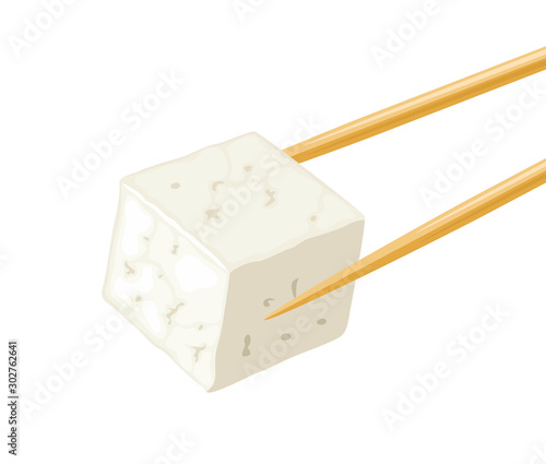 Tofu cube and chopsticks isolated on white background. Vector illustration of piece of bean curd in cartoon simple flat style. Vegetarian or vegan food.