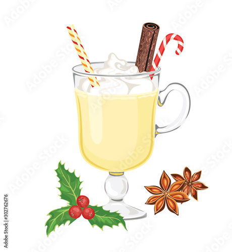 Eggnog in glass with christmas candy cane, straw and cinnamon stick isolated on white. Vector illustration of sweet winter drink in cartoon simple flat style. Egg milk punch, holly berry, anise star.