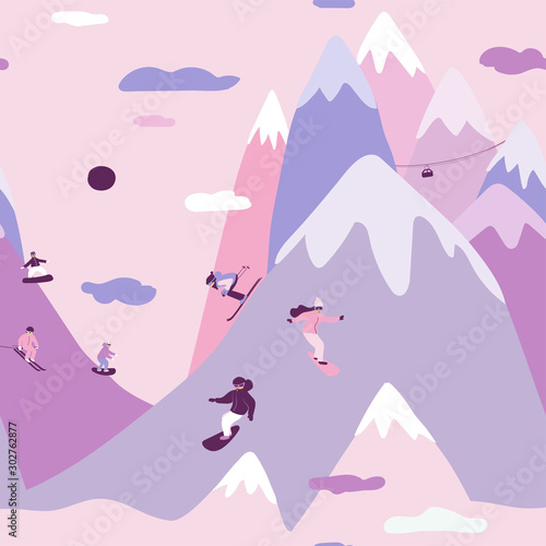 Seamless pattern with skiing and snowboarding people.