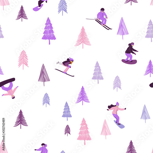 Seamless pattern with skiing and snowboarding people.