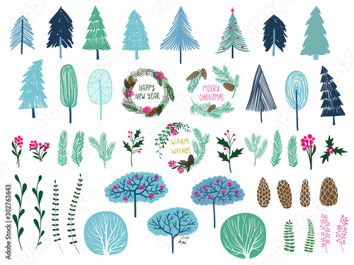Set of trees, wreaths and different plant.