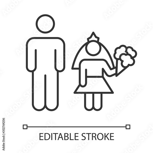 Child marriage linear icon. Groom and bride. Compulsory marriage. Female, male rights. No consent. Thin line illustration. Contour symbol. Vector isolated outline drawing. Editable stroke