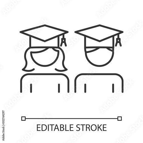Education gender equality linear icon. College students. University graduates. Feminism, justice, democracy. Thin line illustration. Contour symbol. Vector isolated outline drawing. Editable stroke