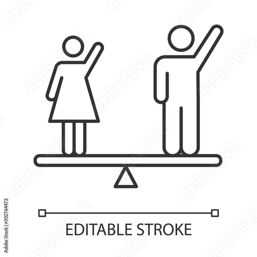 Gender equality linear icon. Woman, man right. Democracy, freedom. Equality, empowerment. Social unity. Thin line illustration. Contour symbol. Vector isolated outline drawing. Editable stroke
