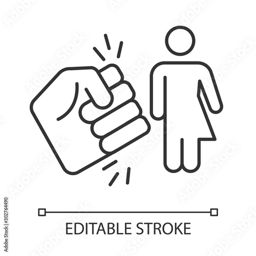 Violance against transwoman linear icon. Transgender inequality. Abusing trans girl. Intersex female. Thin line illustration. Contour symbol. Vector isolated outline drawing. Editable stroke