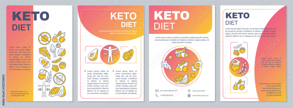 Naklejka premium Keto diet gradient brochure template. Ketogenic meal. Flyer, booklet, leaflet print, cover design with linear illustrations. Vector page layouts for magazines, annual reports, advertising posters