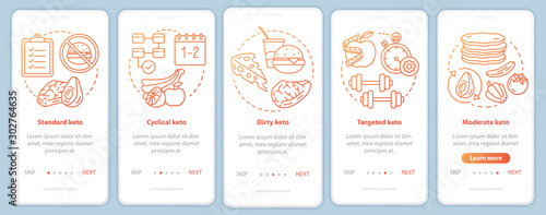 Types of keto diets red onboarding mobile app page screen template. Ketogenic meal, healthy nutrition. Low carbs food. Walkthrough website steps with linear icons. UX, UI, GUI smartphone interface