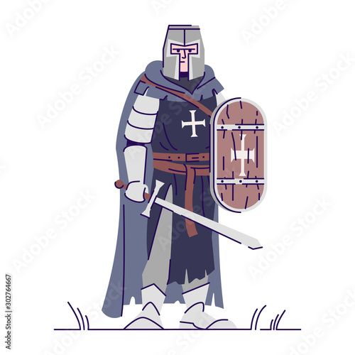 Medieval knight with sword and shield flat vector illustration. Armored templar isolated cartoon character with outline elements on white background. Ancient warrior. Fantasy personage