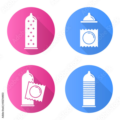Condom flat design long shadow glyph icons set. Safe sex. Female latex reusable contraceptive with dots in package. Preservative method. Pregnancy prevention. Vector silhouette illustration