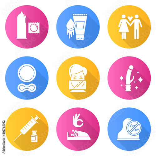 Safe sex flat design long shadow glyph icons set. Condoms. Oral contraceptive pills. Couple. Clean sex toys. Dental dams. Vaccination. Sex with consent. Cervical cap. Vector silhouette illustration