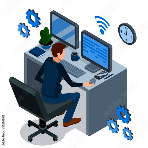 Isometric programming concept. Programmer is working at his work place, over him are abstract icons of internet technologies.
