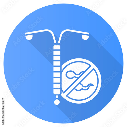 Intrauterine device blue flat design long shadow glyph icon. Vaginal coil for woman. Preservative, female contraceptive. Pregnancy prevention. Birth control. Safe sex. Vector silhouette illustration
