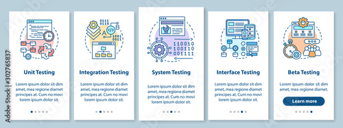 Functional software testing onboarding mobile app page screen with linear concepts. Progam usability analysis walkthrough steps graphic instructions. UX, UI, GUI vector template with illustrations
