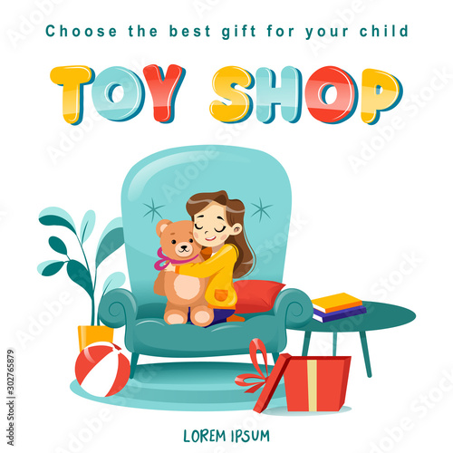 Toy shop koncept with little girl in armchair with teddybear and toys around and place for text.