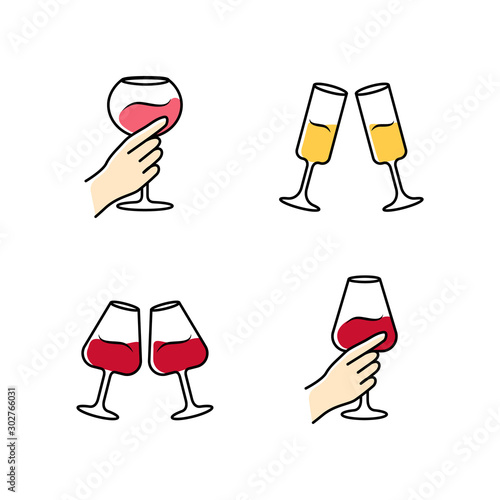 Wine service color icons set. Clinking glasses of champagne and red wine. Hands holding alcohol drinks. Celebration, party. Wedding. Glassware, winery. Cheers. Isolated vector illustrations
