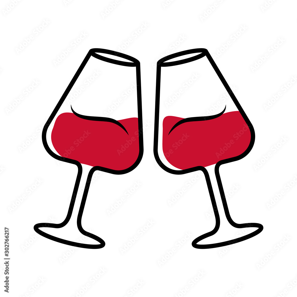Two clinking glasses with red wine color icon. Glassfuls of alcohol beverage. Wine service. Glassware. Celebration. Wedding. Degustation. Toast. Cheers. Isolated vector illustration Two clinking glasses with red wine color icon. Glassfuls of alcohol beverage. Wine service. Glassware. Celebration. Wedding. Degustation. Toast. Cheers. Isolated vector illustration