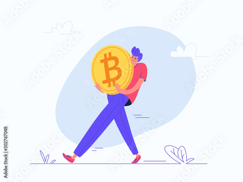 Young man carrying heavy golden symbol of bitcoin