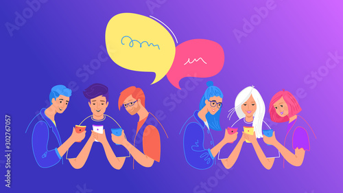 Social media chat or opinion poll concept flat vector illustration. Teenage people using mobile smartphone for chatting and voting
