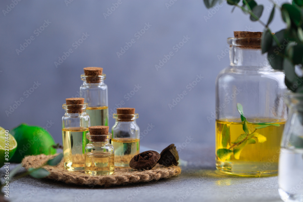 Set of glass bottles with eucalyptus essential oil on grey table leaves in vase Set of glass bottles with eucalyptus essential oil on grey table leaves in vase