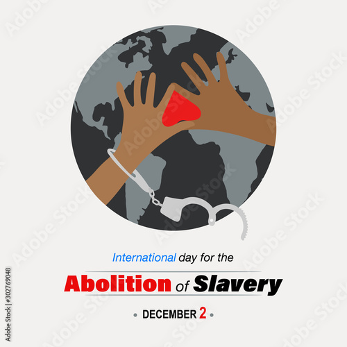 Broken handcuffs, taste of freedom, joining hands, sign of love. Creative banner/ poster/ad/ campaign for Abolition of slavery, worldwide on December 2. 