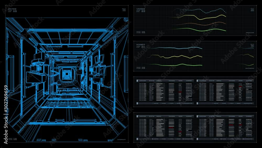 Visual display / playback screen: 3D schematic flythrough of sections of the ISS, readouts and indicators. Elements of this image furnished by NASA Visual display / playback screen: 3D schematic flythrough of sections of the ISS, readouts and indicators. Elements of this image furnished by NASA
