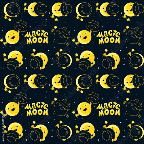 Moon phases, kawaii moon and magic show with magic hat. Cute comic with a waning moon and a waning moon. Seamless moon pattern on black background
