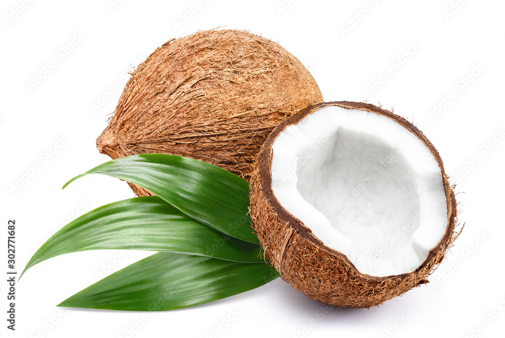 Delicious coconuts with leaves, isolated on white background Delicious coconuts with leaves, isolated on white background