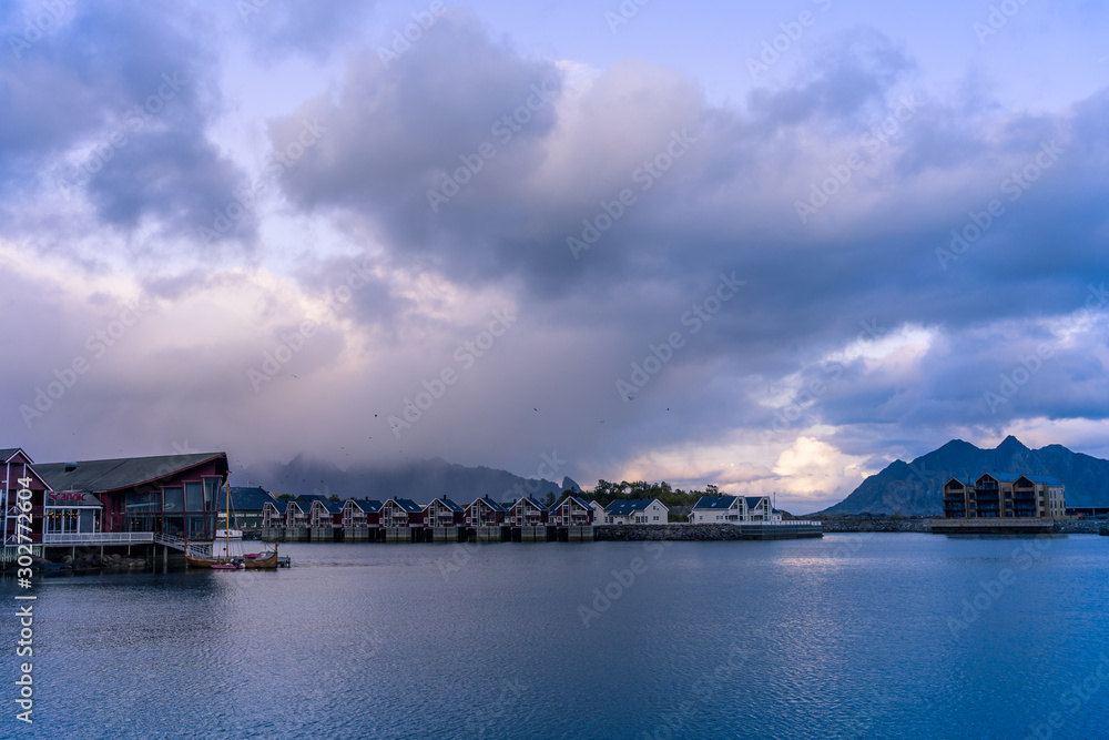 Naklejka premium Traditional fishing huts in Svolvaer, Norway