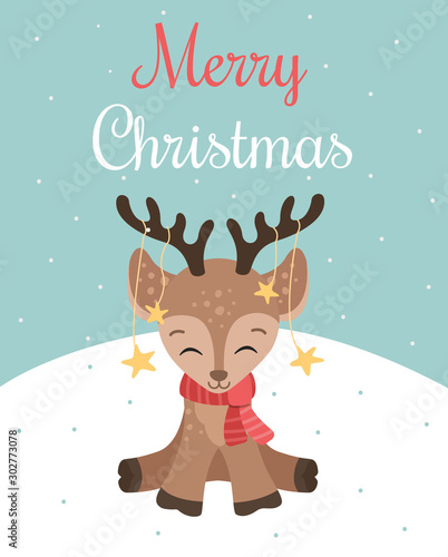 Merry Christmas greeting card with cute baby deer in the red scarf, vector illustration 