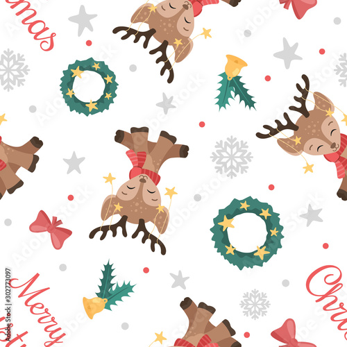 Christmas seamless vector pattern with cute baby deer on white backround.  Can be used for wallpaper, pattern fills, surface textures, fabric prints.
