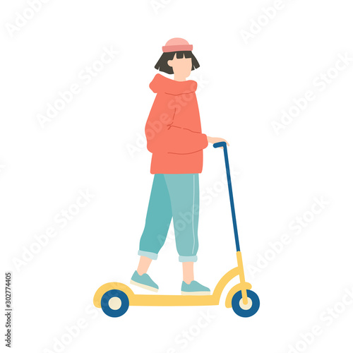 A young girl rides a scooter. Generation millennials. Walk in the fresh air. Isolated vector illustration on a white background.