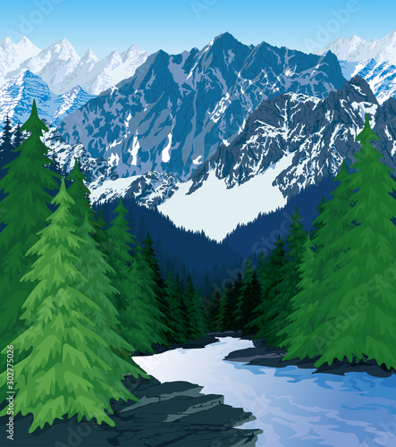 vector beautiful mountains forest landscape with river