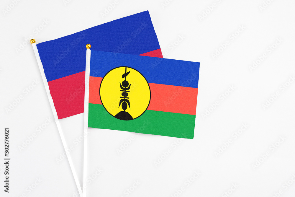 Fototapeta premium New Caledonia and Haiti stick flags on white background. High quality fabric, miniature national flag. Peaceful global concept.White floor for copy space.