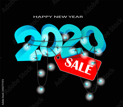 Black banner with volumetric figures, garlands and a red price tag for the New year.