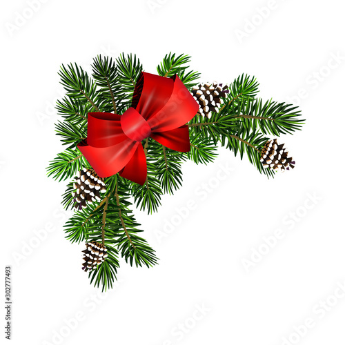 Christmas corner decoration with Christmas holly garland, red. Vector.