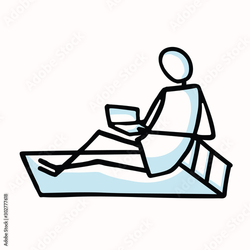 Reading Stick Figure Person Sitting with Book Comfy on Couch. Hand Drawn Isolated Human Doodle Motif Element in Flat Color. For Education, Literature, Study Concept. Pictogram Vector EPS 10. 