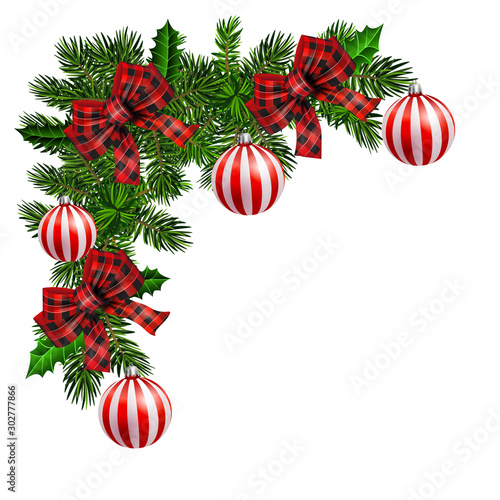 Christmas corner decoration with Christmas holly garland, red. Vector.