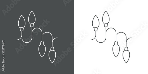 Luces de navidad con bombillas en cable estilo icono lineal en fondo gris y fondo blanco