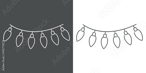 Luces de navidad con bombillas en cable estilo icono lineal en fondo gris y fondo blanco
