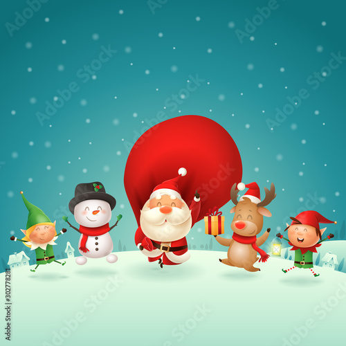Christmas Friends Elves Santa Snowman and Reindeer celebrate holidays - jumping singing dancing on winter night scene - vector illustration